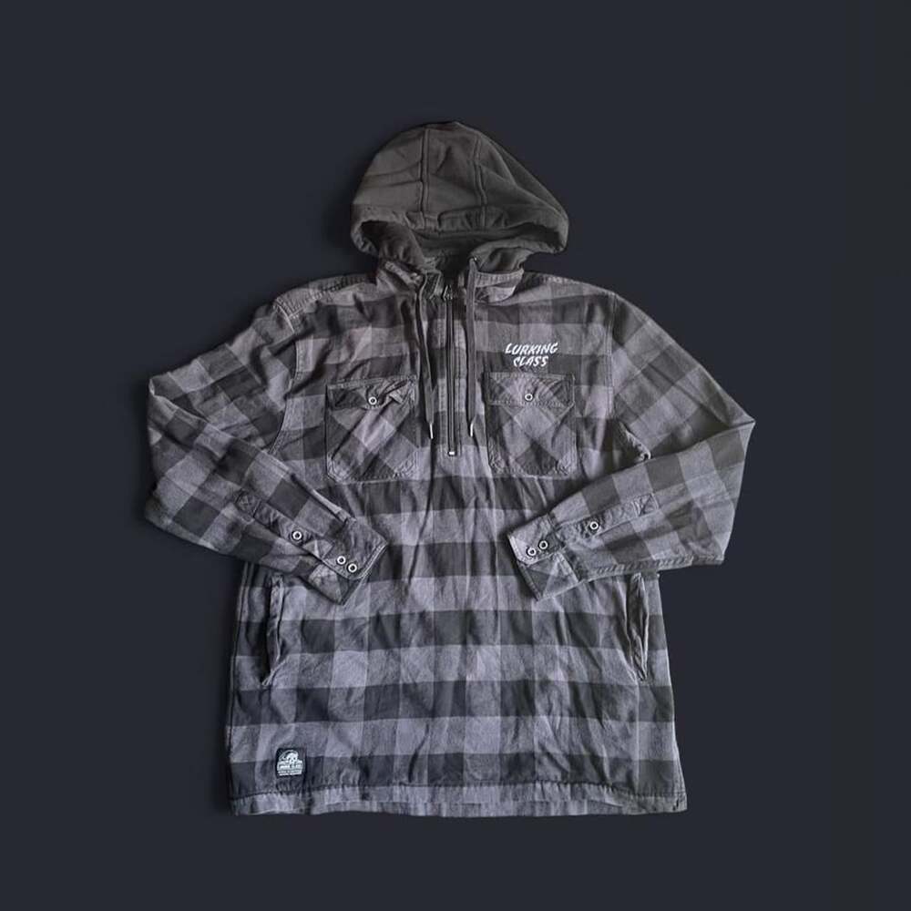 Lurking Class Flannel Hoodie Mens Large Plaid Black Grey Quarter Zip